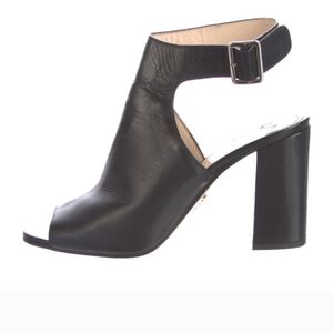 Prada Black Leather Open Toe Ankle Bootie Block Heel - 38.5
